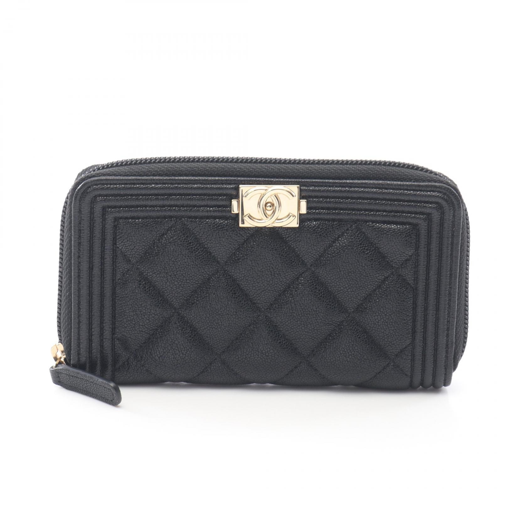 シャネル CHANEL ボーイシャネル ジップ ウォレット ラウンド財布 財布 レザー レディース ブラック系 【中古】