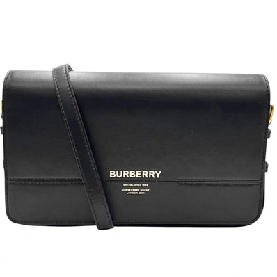 BURBERRY バーバリー ショルダーバッグ ロゴフラップ クロスボディバッグ 肩掛け 斜め掛け 鞄 かばん レザー ブラック 黒 ゴールド金具 レディース 美品【中古品】