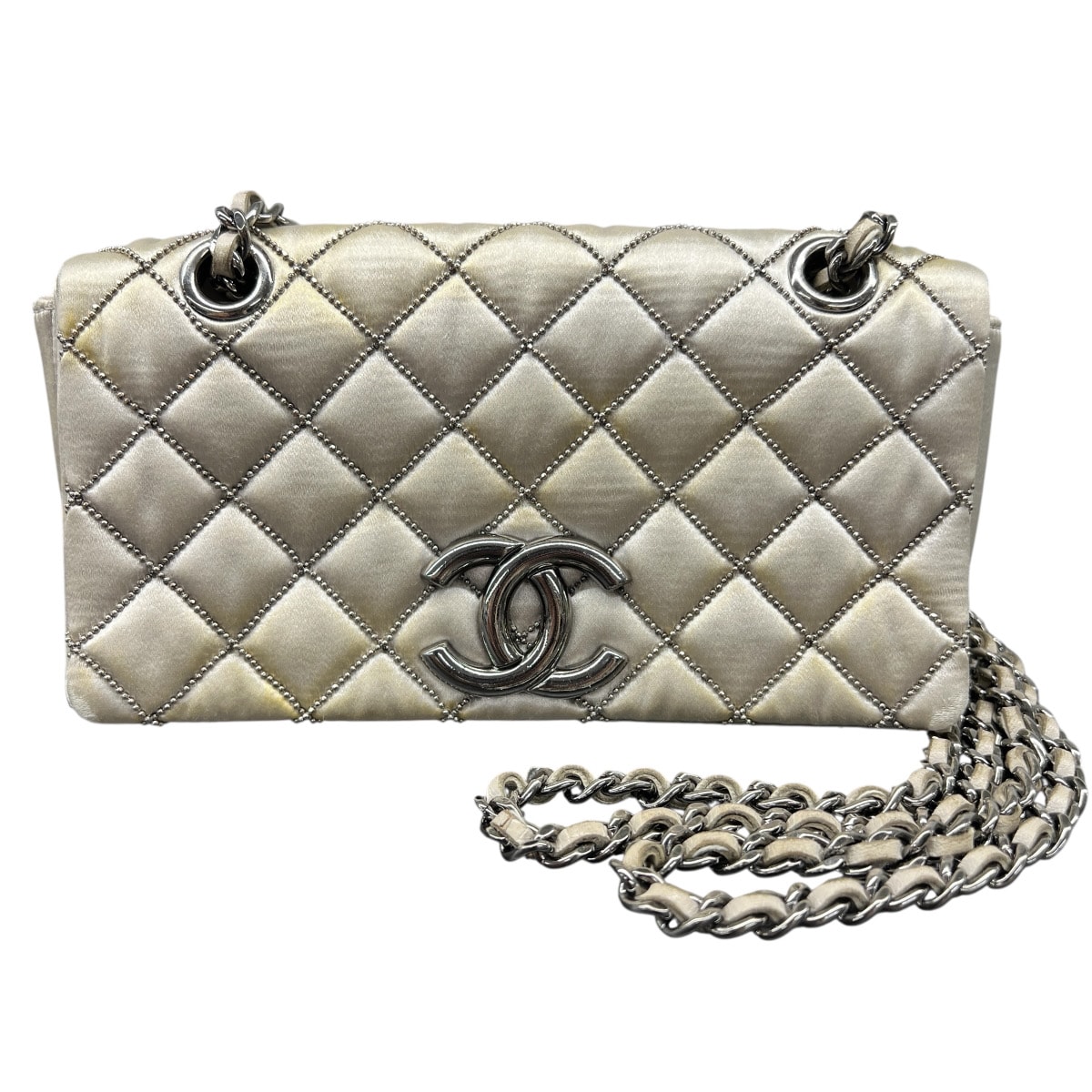 CHANEL 希少 シャネル ミニマトラッセ ココマーク フルフラップ チェーンステッチ Wチェーンショルダーバッグ 13番台シリアル サテン レザー ワンショルダーバッグ シルバー金具 ヴィンテージ アンティーク BCランク 鑑定済 中古 シャネルバッグ