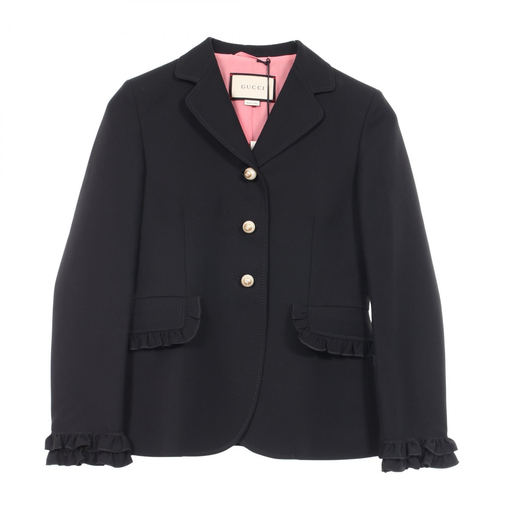 グッチ GUCCI フェイクパール フリル テーラードジャケット 衣料品 アウター ウール シルク レディース ブラック系 【中古】