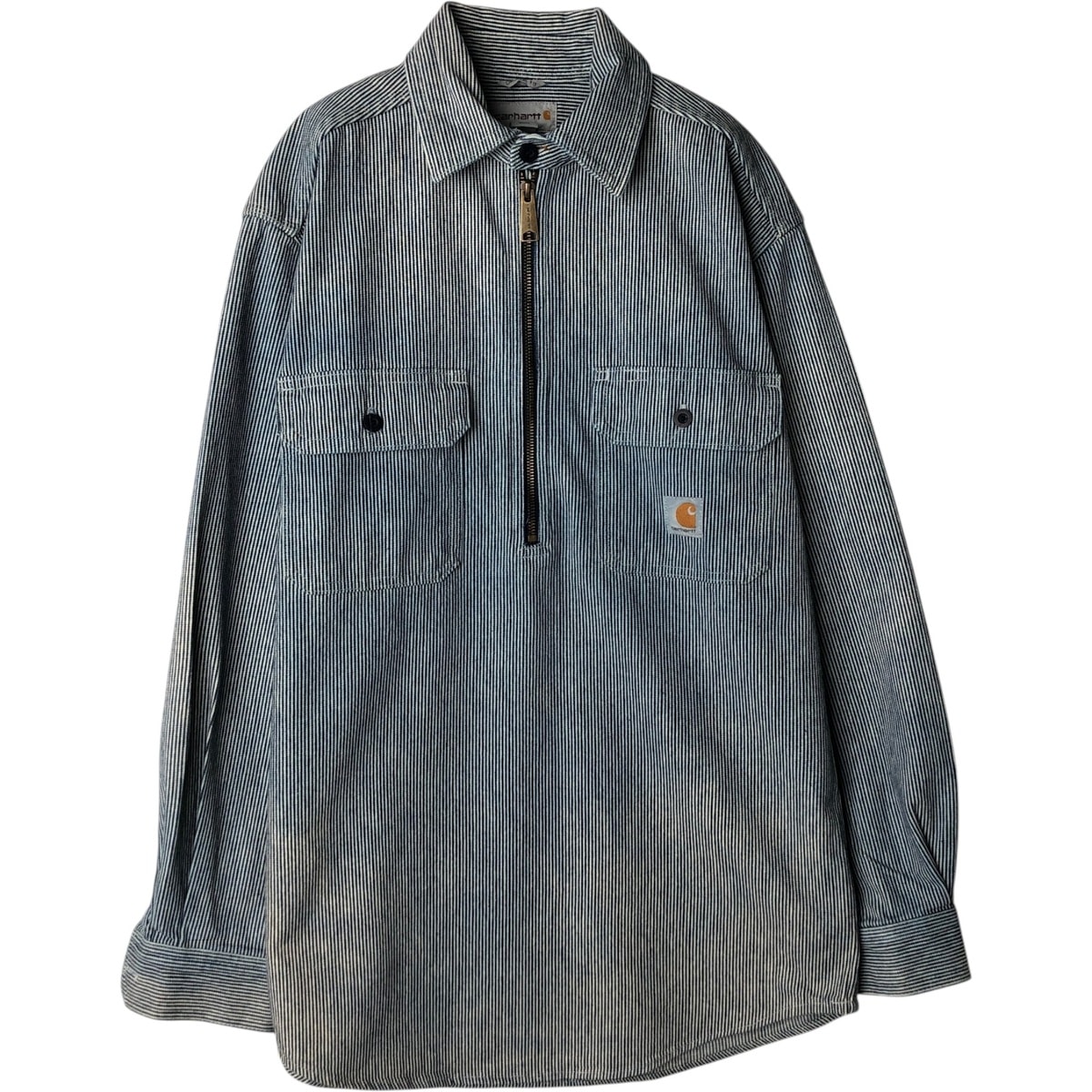 古着 カーハート Carhartt ORIGINAL FIT ストライプ柄 ヒッコリーストライプ ハーフジップ プルオーバー 長袖 デニムシャツ メンズS相当/eaa631226