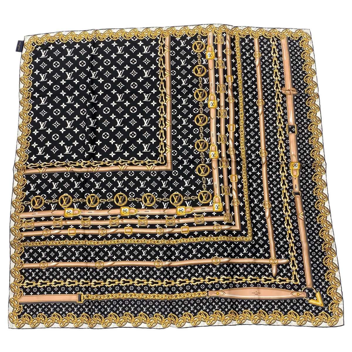 LOUIS VUITTON ルイ・ヴィトン カレ90 モノグラム フォーエバー スカーフ M77331 シルク ブラック ゴールド  レディース【中古】