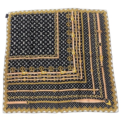 LOUIS VUITTON ルイ・ヴィトン カレ90 モノグラム フォーエバー スカーフ M77331 シルク ブラック ゴールド レディース【中古】