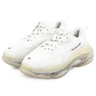 【美品】BALENCIAGA バレンシアガ ダッドソールスニーカー サイズ 42 メンズ TripleS トリプルS メッシュ × レザー ロゴ エンブロイダリー 刺繍 クリアソール 厚底 ローカット シューズ 靴 箱/袋/替え紐付属 ホワイト 白