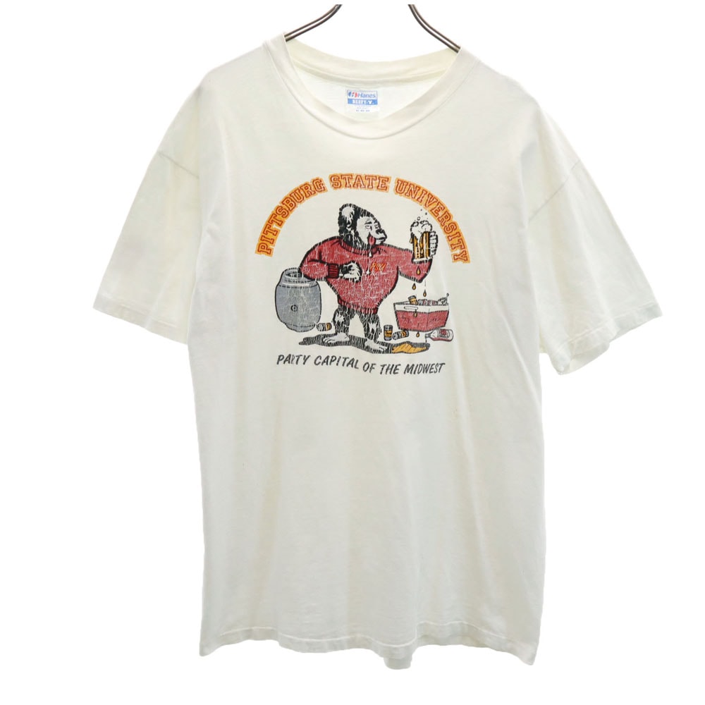 Hanes ヘインズ 80s USA製 カレッジプリント 半袖 シングルステッチ Tシャツ XL ホワイト系 オールド ヴィンテージ