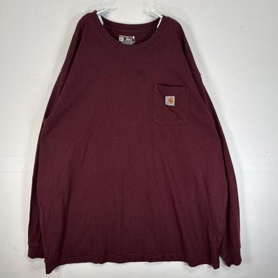 古着 カーハート Carhartt 長袖Tシャツ ワンポイント ロゴ 大きいサイズ 肉厚 クルーネック 胸ポケ 3XL TALL ワインレッド 無地 メンズ