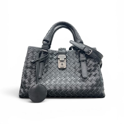 BOTTEGA VENETA 極美品 ローマバッグ スモール イントレチャート 2way ハンドバッグ ショルダーバッグ レザー ブラック ICチップ確認済 BV Aランク 中古 鑑定済 ボッテガバッグ