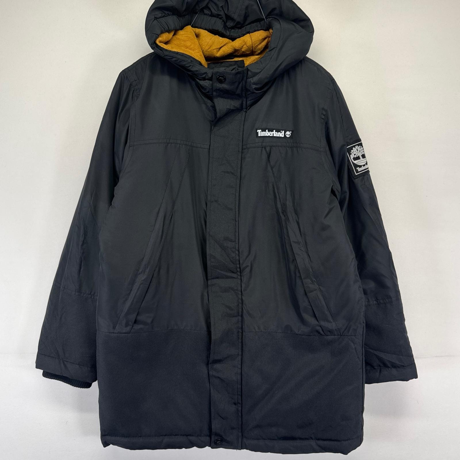 古着 ティンバーランド Timberland ジャケット フルジップ ワンポイント パーカー フード付き 中綿 ベンチコート L  ブラック系 キッズ