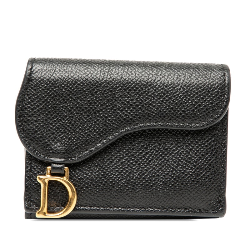 ディオール サドル 三つ折り財布 コンパクトウォレット ブラック ゴールド金具 レザー レディース Dior 【中古】