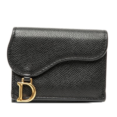 ディオール サドル 三つ折り財布 コンパクトウォレット ブラック ゴールド金具 レザー レディース Dior 【中古】