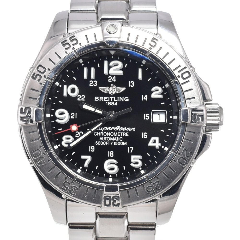 ブライトリング BREITLING A17360 スーパーオーシャン スチールフィッシュ デイト ブラック 自動巻き メンズ 良品 腕時計 O#150535