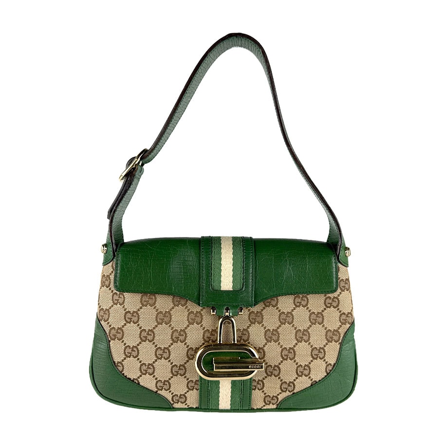 グッチ GUCCI ハンドバッグ GGキャンバス/レザー グリーン×ブラウン レディース 130846【中古】 z8382