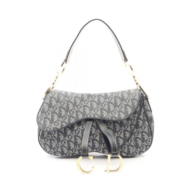 ディオール Dior ダブルサドルバッグ トロッター ハンドバッグ バッグ キャンバス レザー レディース アイボリー系 / ネイビー系 【中古】