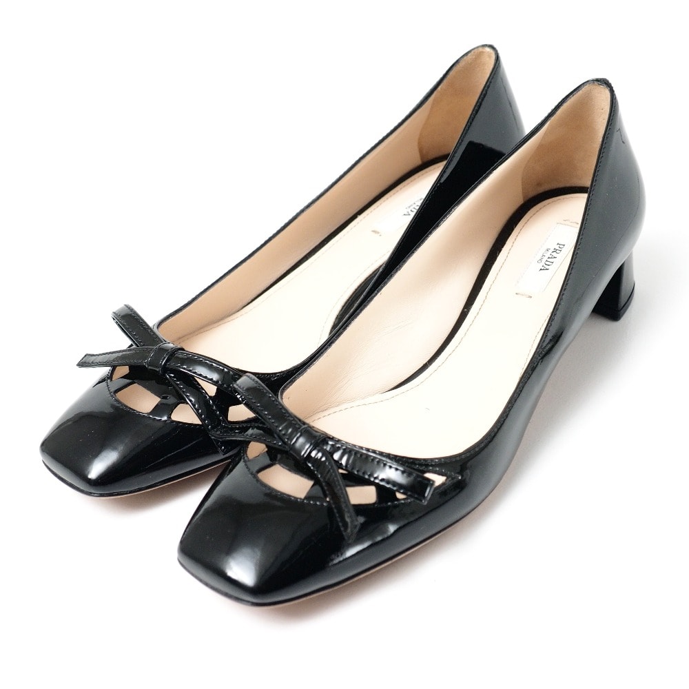 PRADA プラダ パンプス サイズ38 リボン パテントレザー スクエアトゥ 靴 イタリア製 ブランド古着【中古】20260402/RA8707