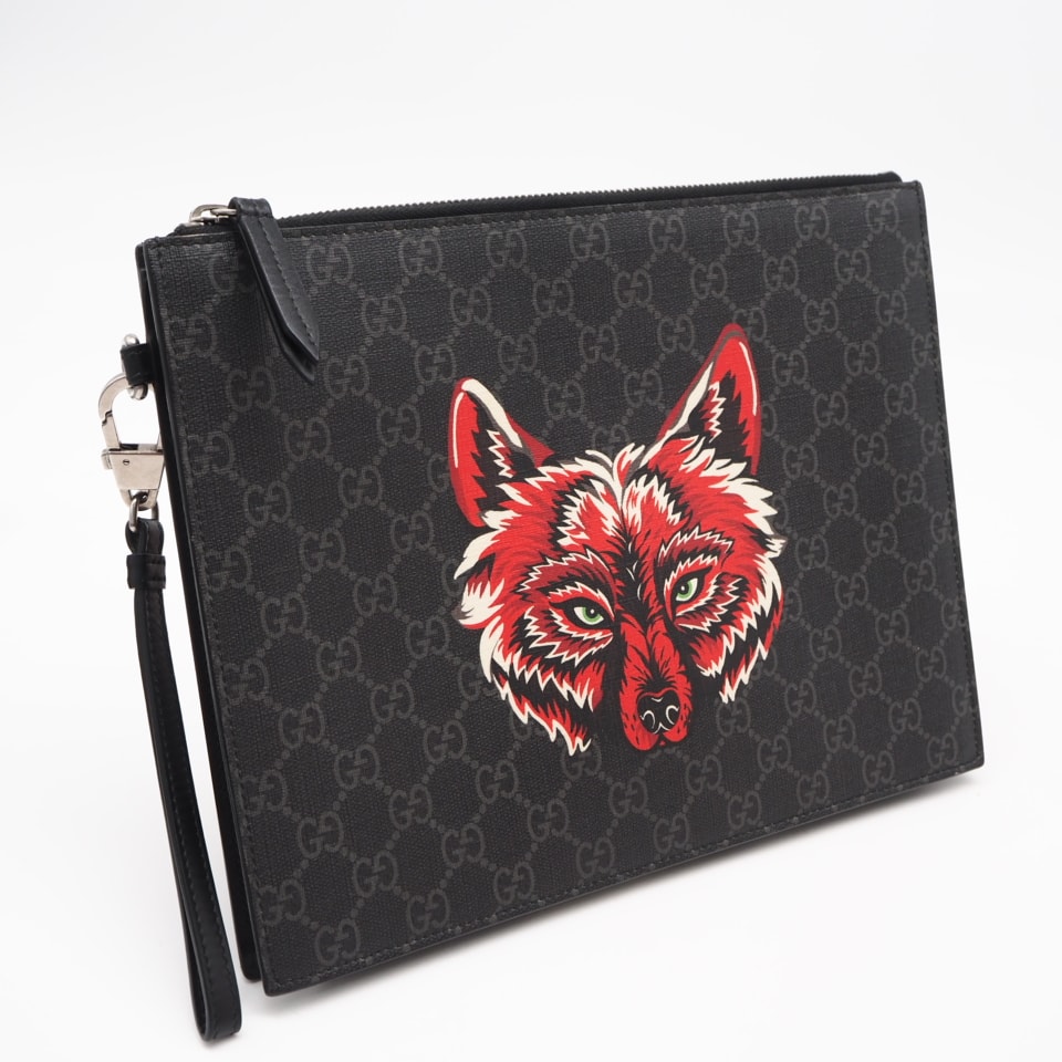 美品 GUCCI グッチ GGスプリーム クラッチバッグ 547084 クラッチバッグ ブラック グレー レッド コーティングキャンバス レザー メンズ