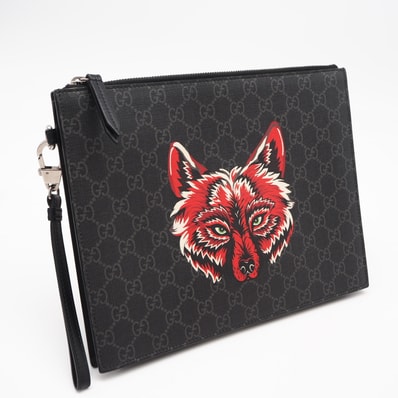 美品 GUCCI グッチ GGスプリーム クラッチバッグ 547084 クラッチバッグ ブラック グレー レッド コーティングキャンバス レザー メンズ