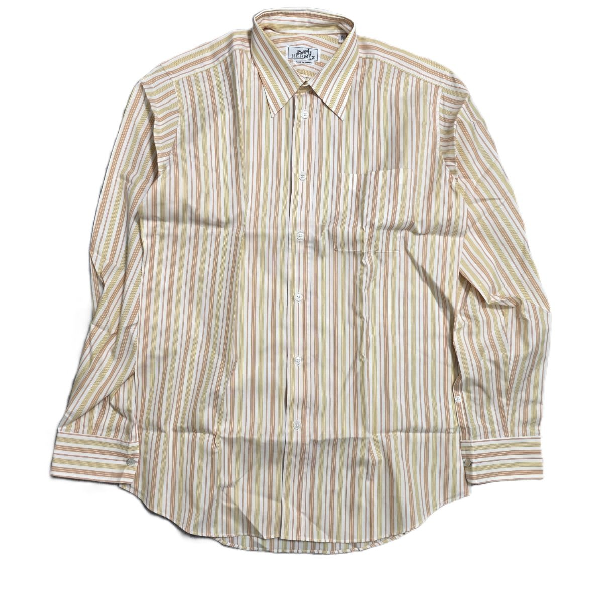 【値下げ】HERMES エルメス セリア ボタン ストライプ コットン シャツ オレンジ×イエロー×ホワイト 長袖シャツ 40 コットン  メンズ【中古】