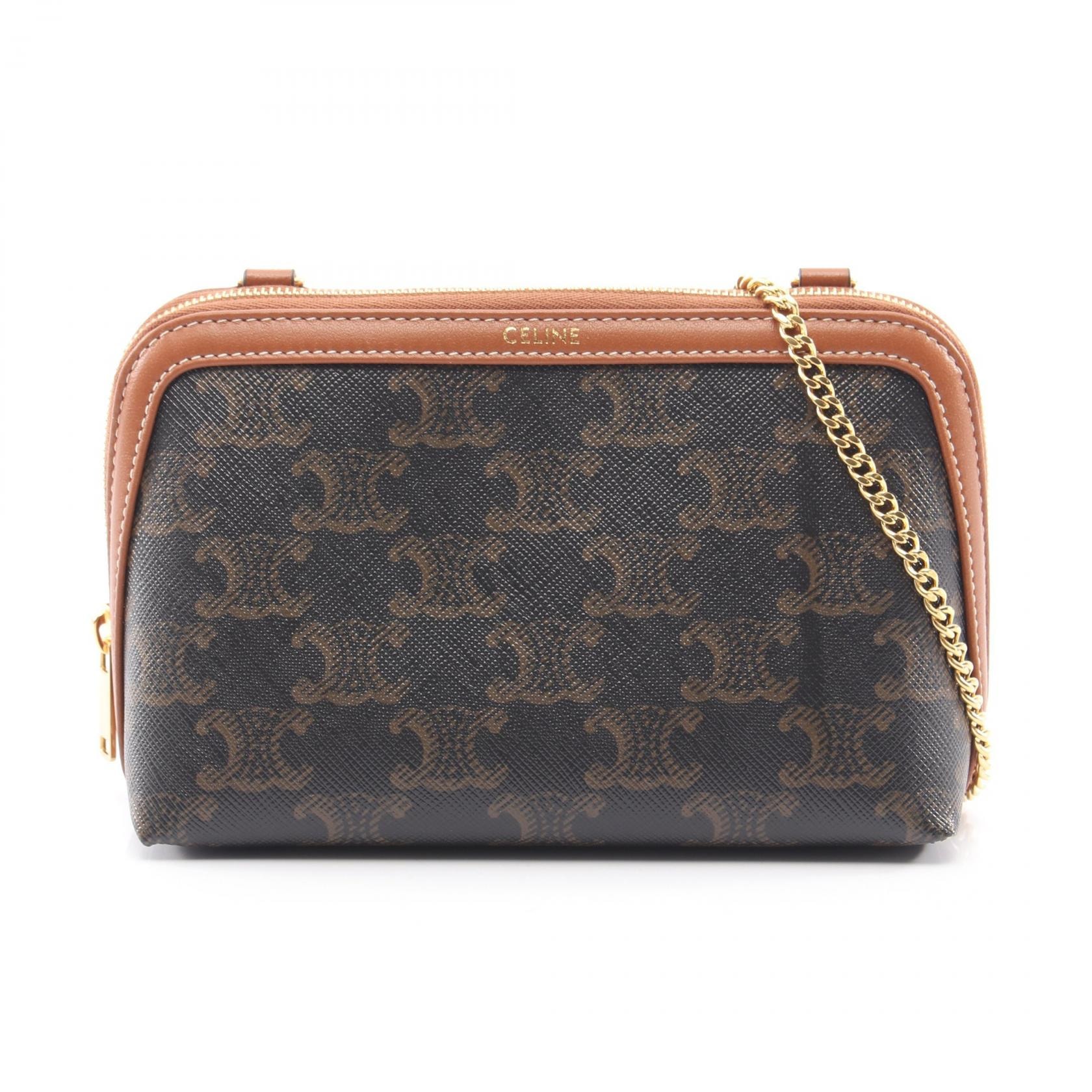 セリーヌ CELINE チェーンクラッチ トリオンフ ショルダーバッグ バッグ PVCコーティングキャンバス レザー レディース ブラック系 / ブラウン系 10E382CBX04LU 【新品】