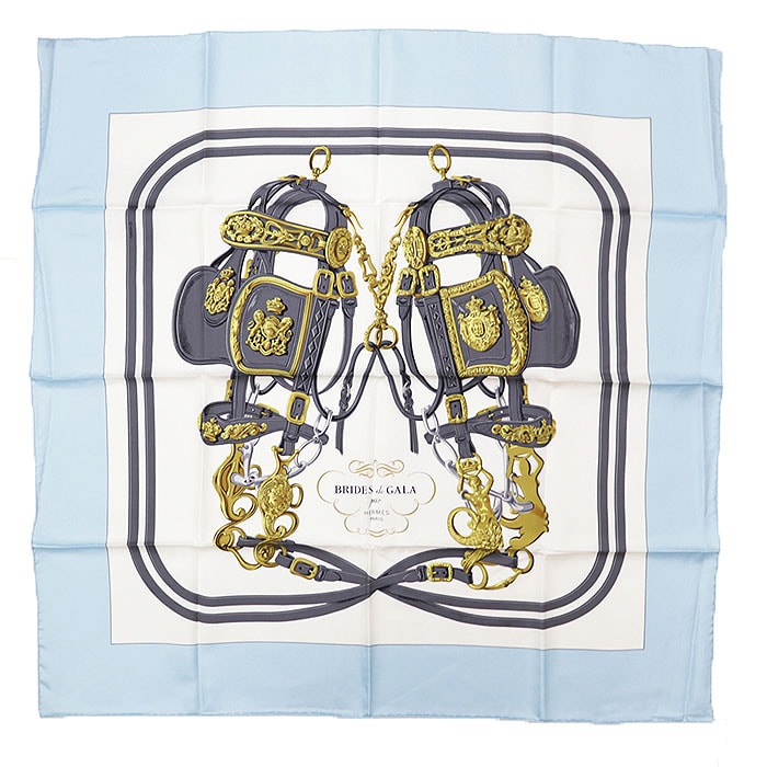 SALE【新品同様】HERMES エルメス カレ90 スカーフ Brides de Gala ブリッド・ドゥ・ガラ 式典用馬勒 シルク100％ 小物 箱付属 サックスブルー マルチカラー 青 フランス製 メンズ レディース ユニセックス