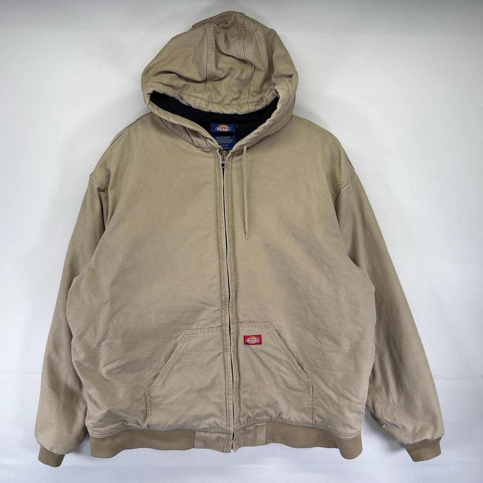 古着 ディッキーズ Dickies ダック ジャケット 中綿 フルジップ ワンポイント ワーク 大きいサイズ 2XL  ベージュ系 メンズ