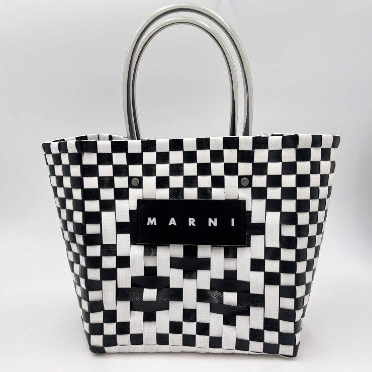 MARNI(マルニ)MARNI MARKET ピクニックバッグ トートバッグ チェック編み ブラック ホワイト PVC ハンドバッグ レディース 【中古】