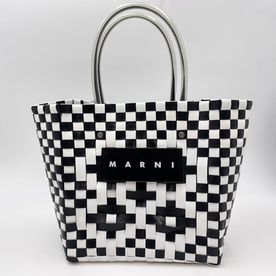 MARNI(マルニ)MARNI MARKET ピクニックバッグ トートバッグ チェック編み ブラック ホワイト PVC ハンドバッグ レディース 【中古】