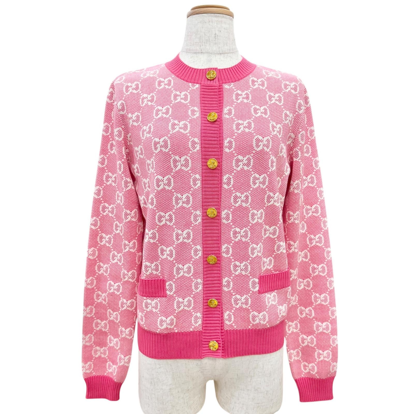 極美品 グッチ GG ジャガード カーディガン ピンク XS 629452