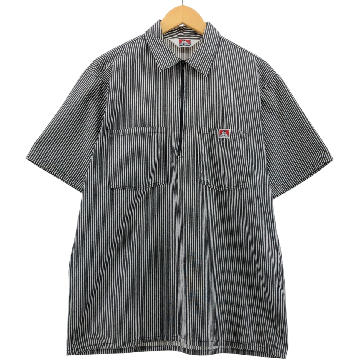 古着 90年代 ベンデイビス BEN DAVIS ストライプ柄 ハーフジップ 半袖 ワークシャツ ボックスシャツ USA製 メンズM相当 ヴィンテージ/eaa551171