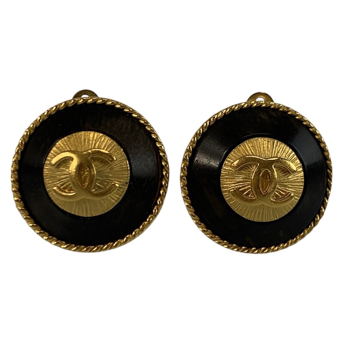 美品 CHANEL シャネル ココマーク ブラック 黒 ゴールド ウッド メッキ/ イヤリング 602981 【中古】
