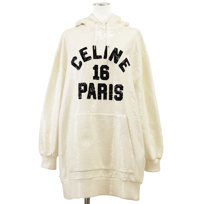 CELINE PARIS 16 セリーヌ パリ スウェット スパンコール パーカー サイズ S レディース 2022SS ロゴ フーディードレス ワンピース プルオーバー トップス アイボリー