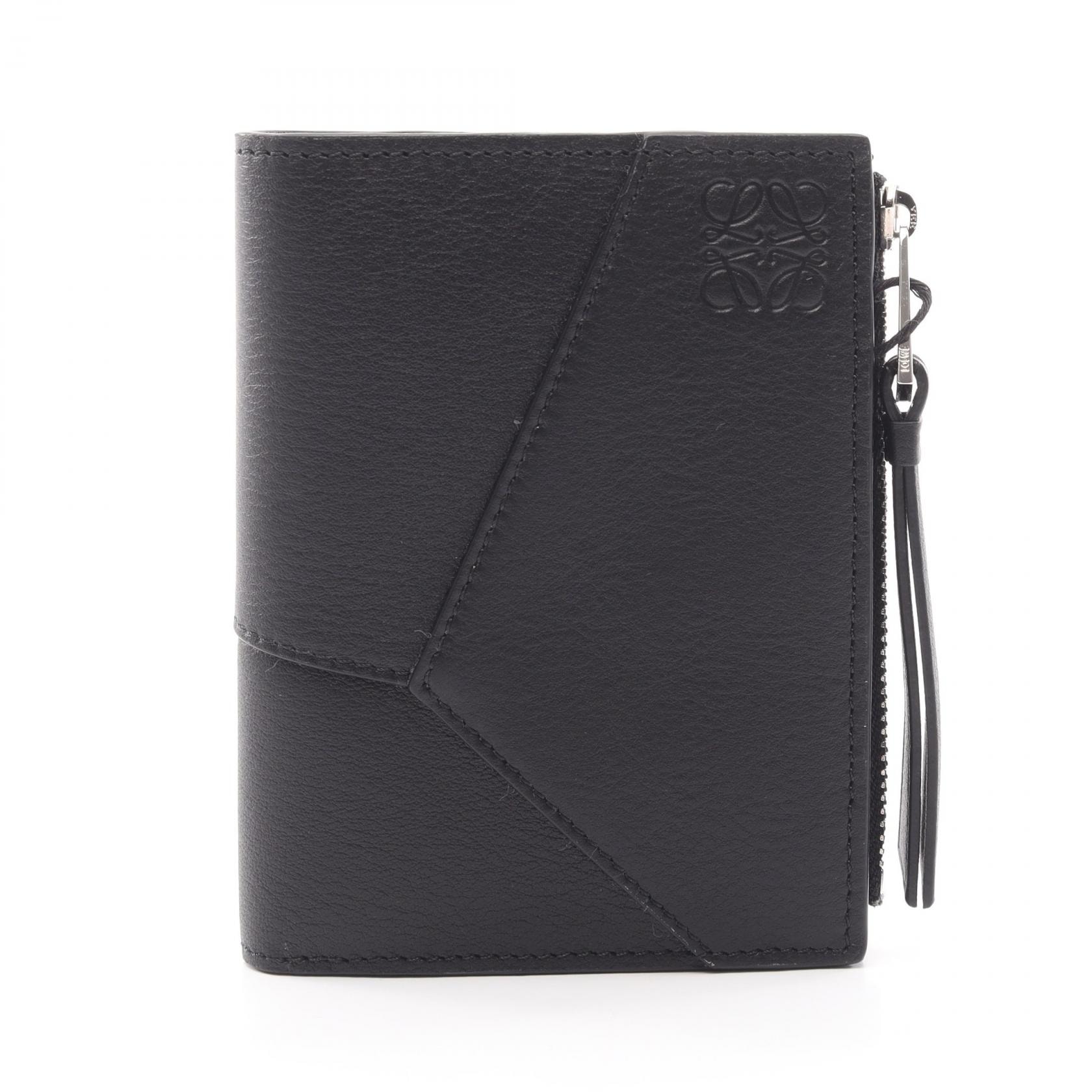 ロエベ LOEWE パズル スリム コンパクト ウォレット 二つ折り財布 財布 レザー レディース ブラック系 【中古】