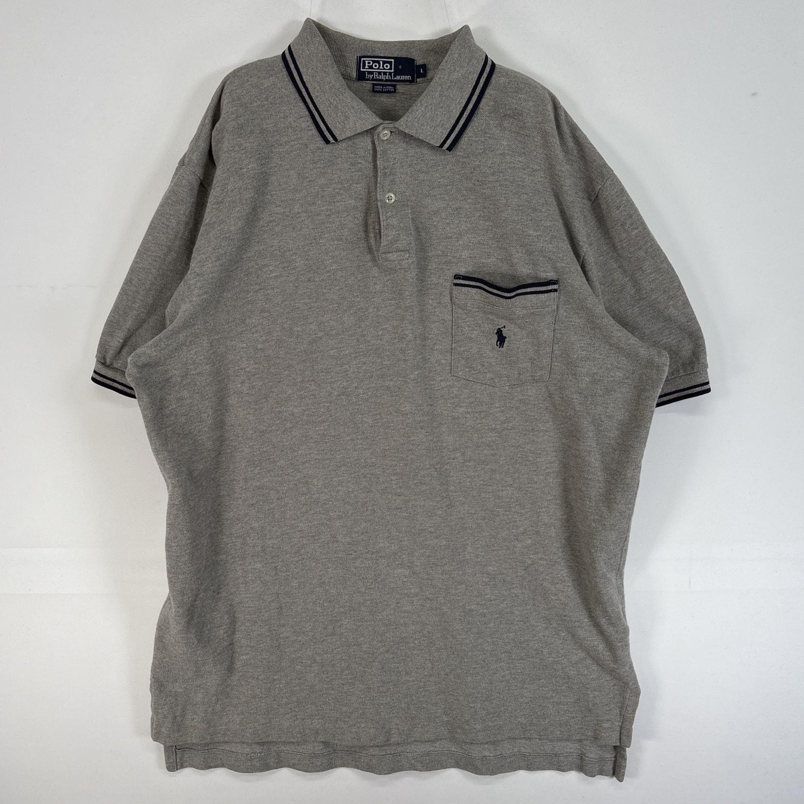 古着 90's/90年代 ポロバイラルフローレン Polo by Ralph Lauren 鹿の子 半袖 ポロシャツ ロゴ 刺繍 2ボタン 胸ポケ L  グレー ツートン メンズ
