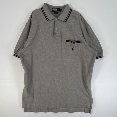 古着 90's/90年代 ポロバイラルフローレン Polo by Ralph Lauren 鹿の子 半袖 ポロシャツ ロゴ 刺繍 2ボタン 胸ポケ L グレー ツートン メンズ