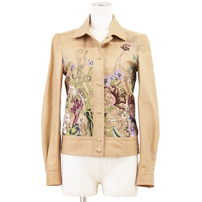 GUCCI グッチ レザージャケット サイズ 36 レディース カウレザー フローラル エンブロイダリー 牛革 花柄 刺繍 アウター ライトブラウン 茶色 イタリア製