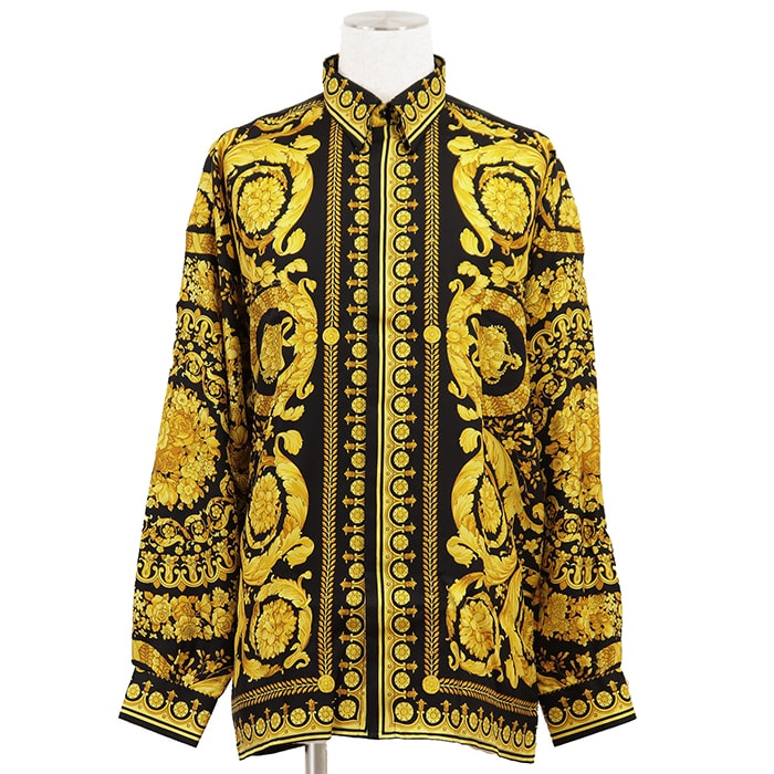 【極美品】VERSACE ヴェルサーチ シルク100% 長袖シャツ サイズ 48 メンズ バロック トップス ブラック 黒 イタリア製