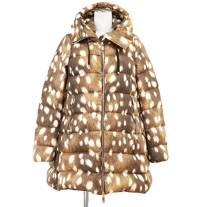 【美品】MONCLER モンクレール ダウンジャケット SUYEN GIUBOTTO アニマル柄 転写プリント ナイロン100% コート アウター レディース サイズ 1 ブラウン 茶色 ブルガリア製
