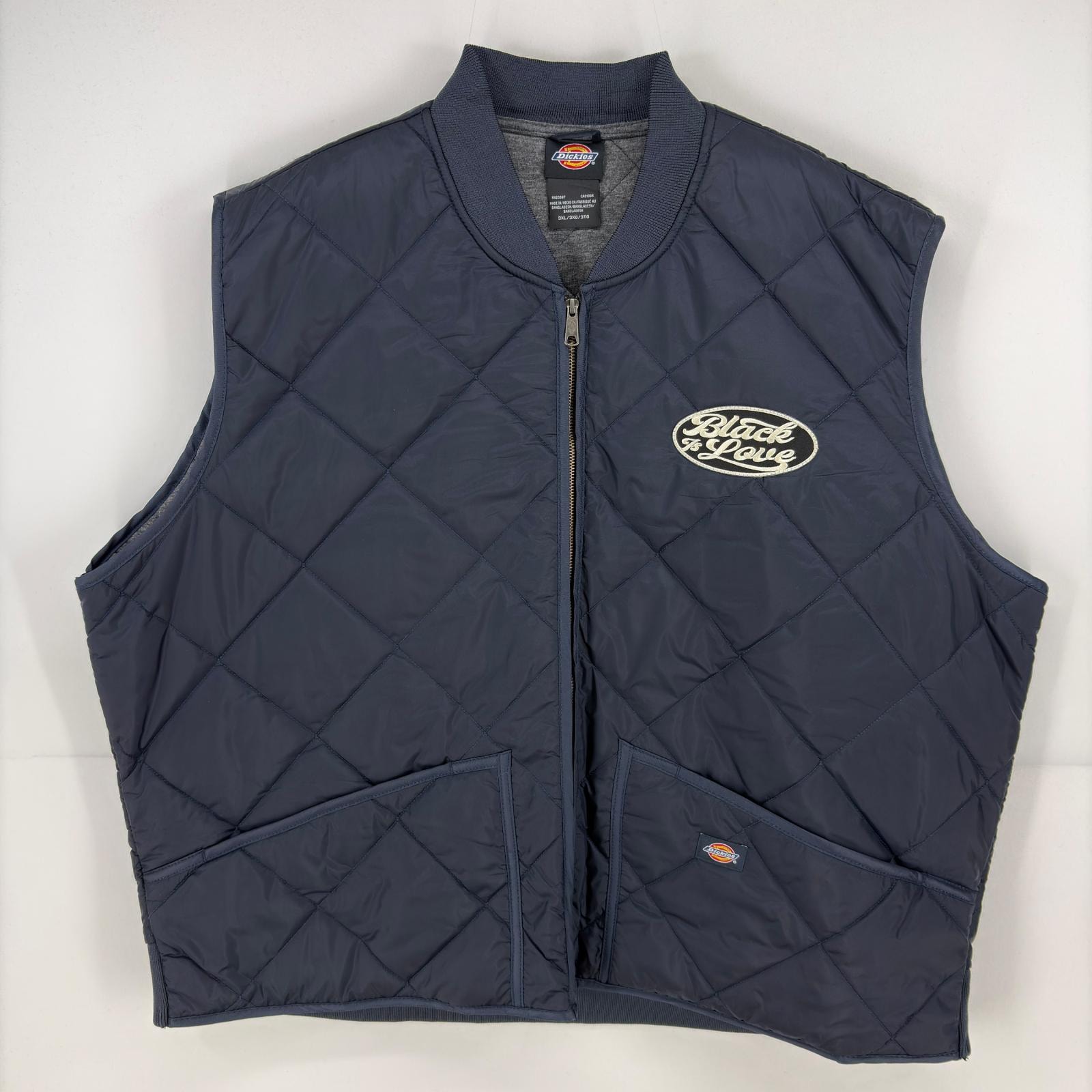 古着 ディッキーズ Dickies ベスト ナイロン 大きいサイズ ワッペン フルジップ キルティング バックデザイン 3XL  ネイビー系 メンズ
