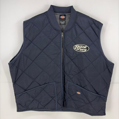 古着 ディッキーズ Dickies ベスト ナイロン 大きいサイズ ワッペン フルジップ キルティング バックデザイン 3XL ネイビー系 メンズ