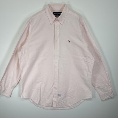 古着 ラルフローレン RALPH LAUREN 長袖シャツ ボタンダウンシャツ ワンポイント ロゴ 刺繍 オックスフォードシャツ 17-36 XL ピンク 無地 メンズ