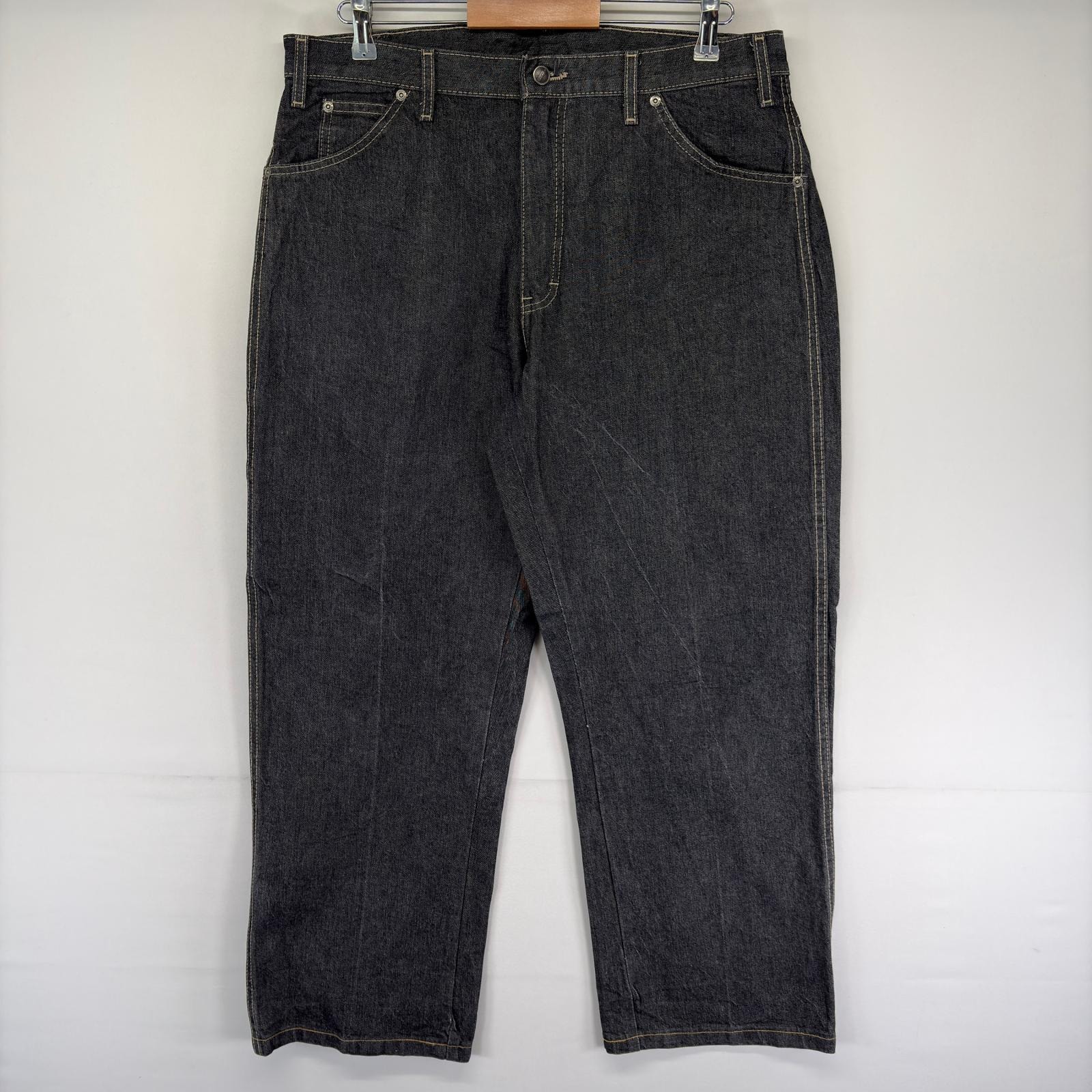古着 ディッキーズ Dickies デニム パンツ 5ポケット ワンポイントロゴ ジーンズ ジーパン ジップ w36 L32  ブラック系 メンズ