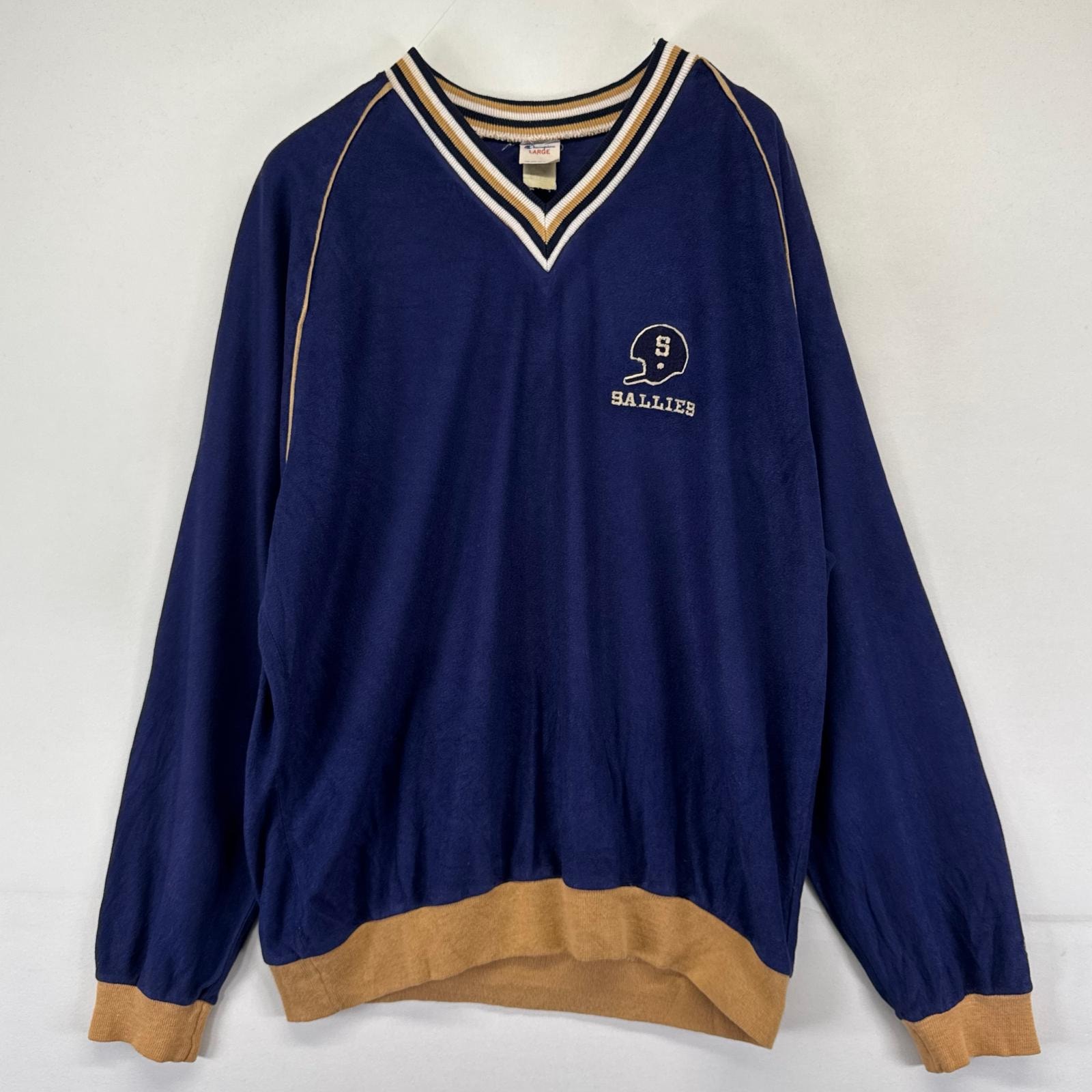 古着 80's/80年代 チャンピオン Champion USA製 長袖シャツ 刺繍 プルオーバー ラグラン ロンT トレーナー L  ネイビー系 メンズ
