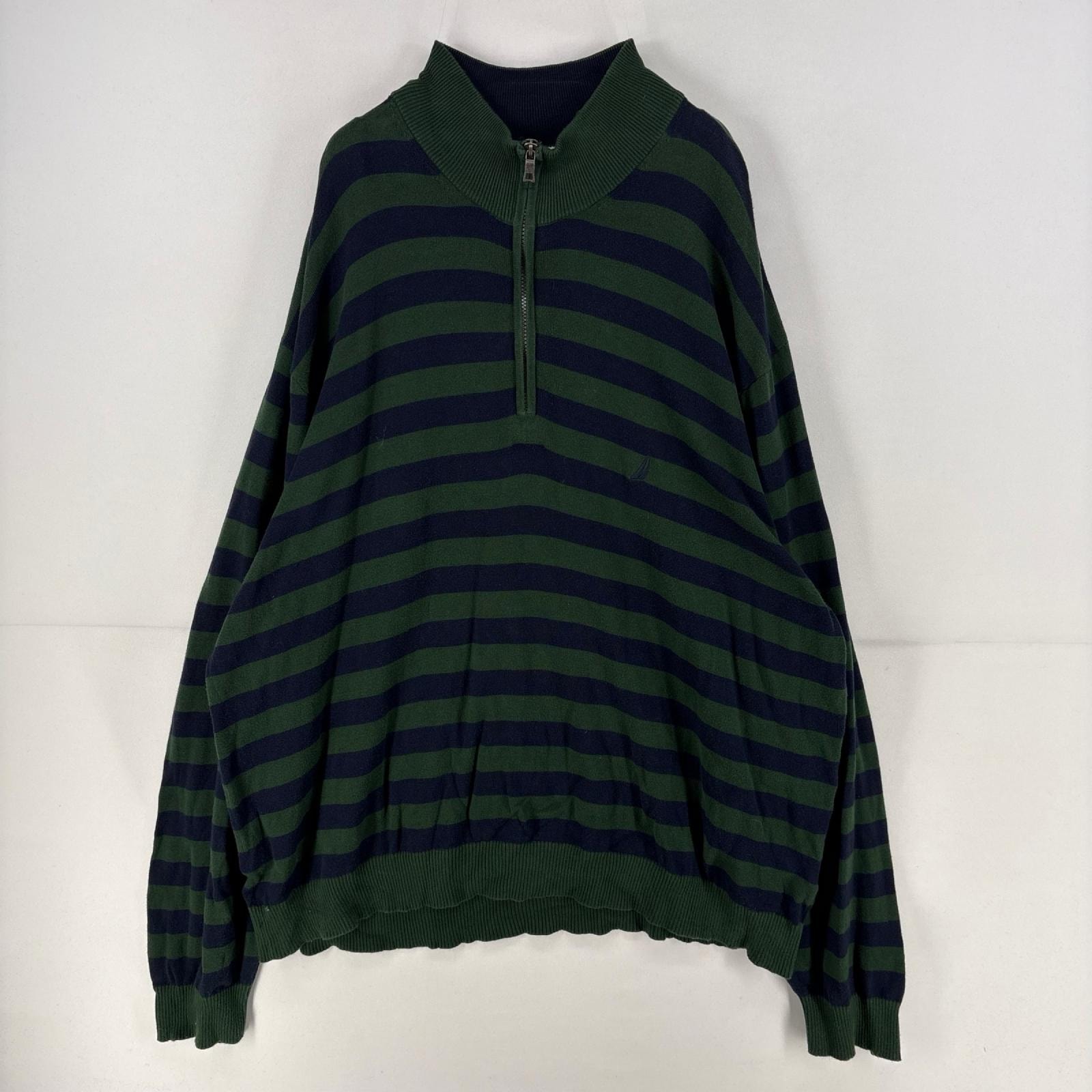 古着 ノーティカ NAUTICA トレーナー ハーフジップ 刺繍 大きいサイズ ワンポイント ニット セーター 4XL  グリーン系 ボーダー メンズ