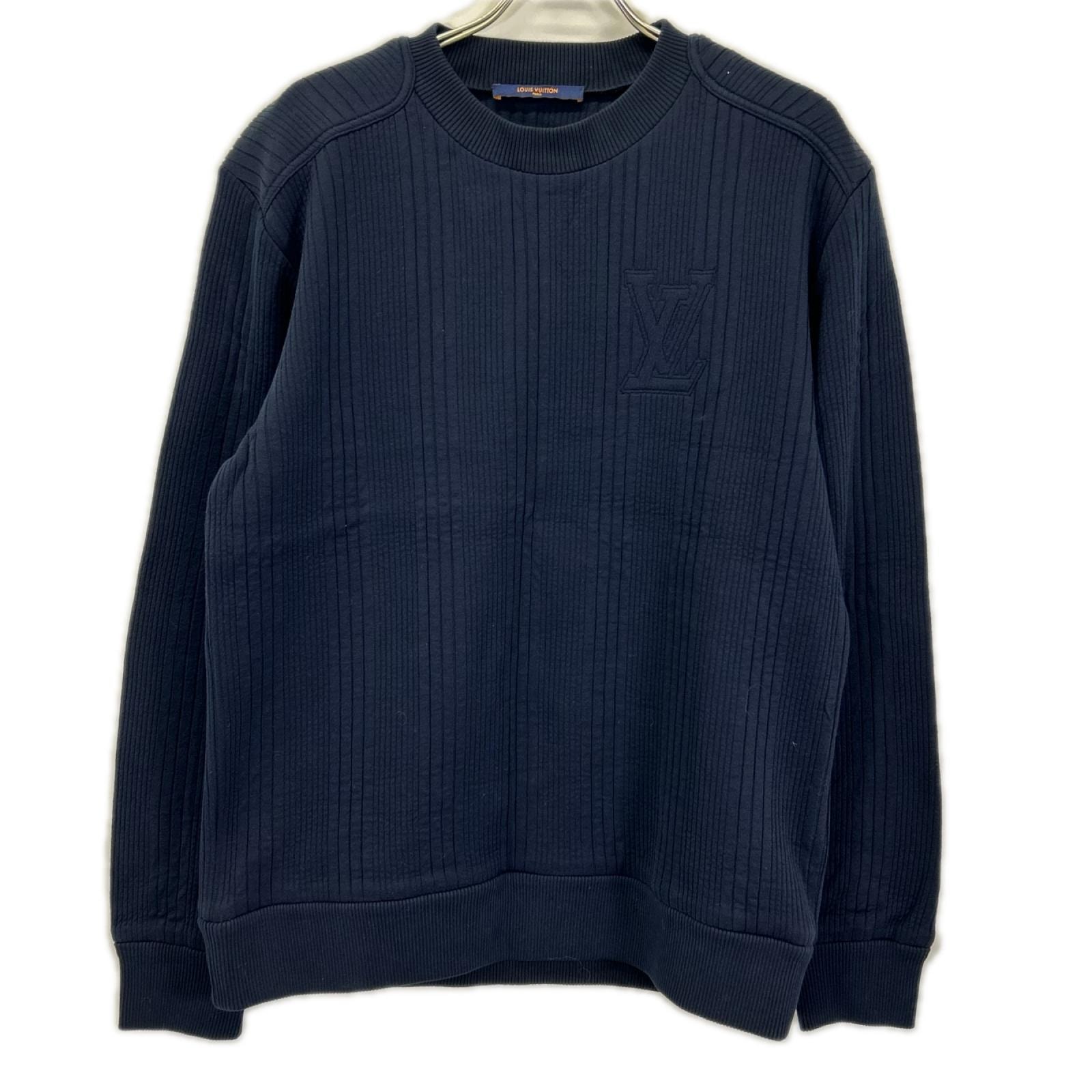 ルイヴィトン 21AW ネイビー コットン×ナイロン エンボスLVロゴ ストライプ クルーネック スウェット トップス L