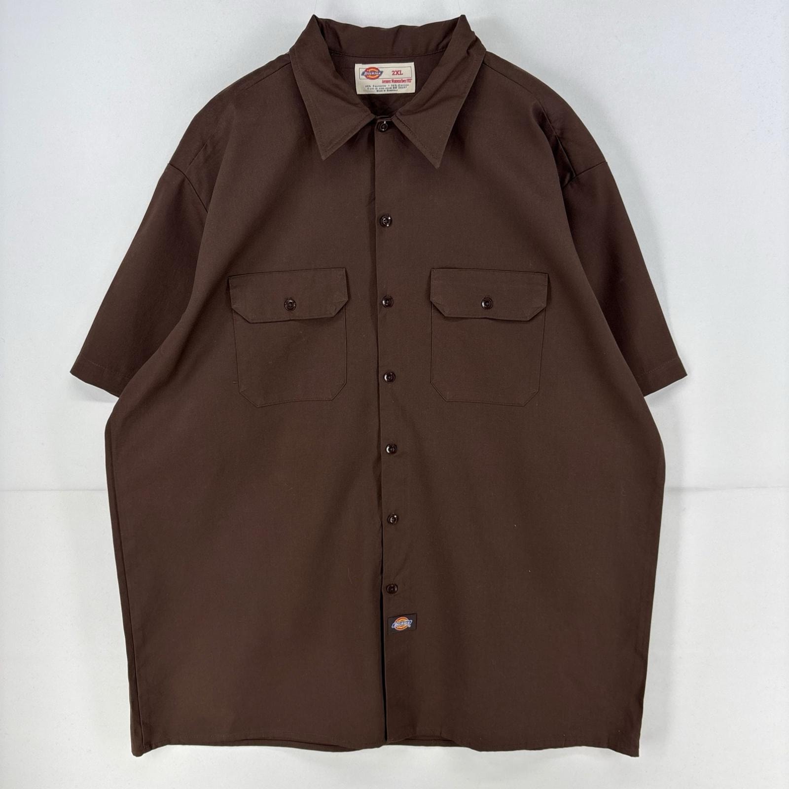 古着 ディッキーズ Dickies 半袖シャツ ワンポイント 胸ポケット ビッグ ワーク 作業着 大きいサイズ 2XL  ブラウン メンズ