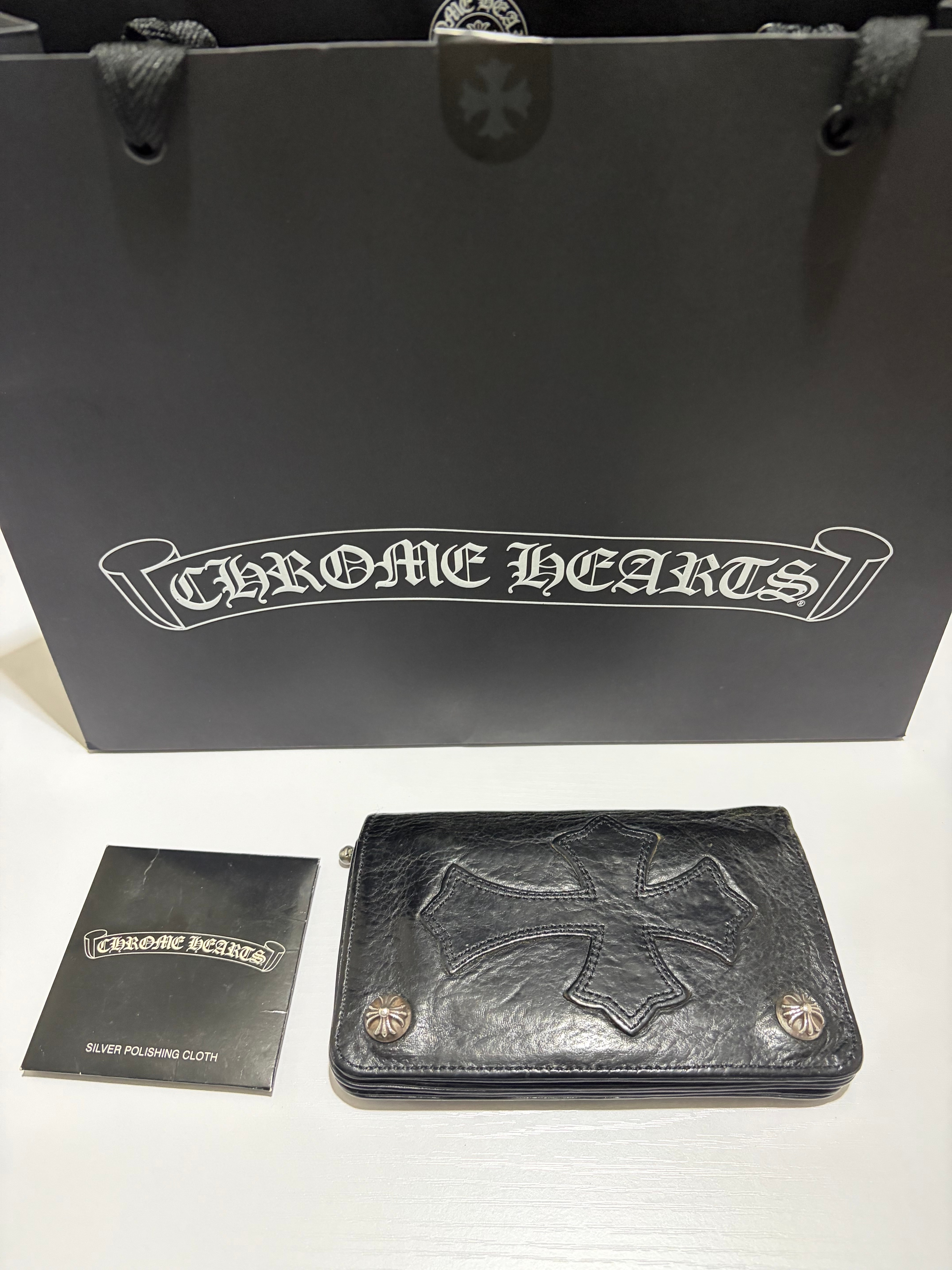 Chrome Hearts 1 Zip Cross Button Leather Wallet With Cross Patch "Black"
