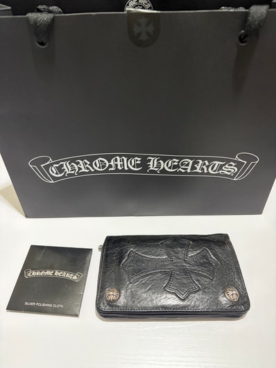 Chrome Hearts 1 Zip Cross Button Leather Wallet With Cross Patch "Black"