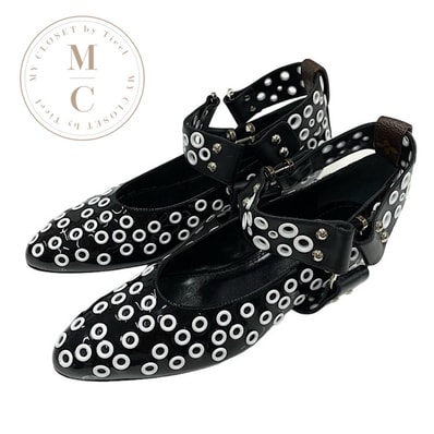 ルイヴィトン LOUIS VUITTON ラプソディライン パンプス 靴 シューズ パテント レザー ブラック 黒 ホワイト シルバー フラットシューズ ホール モノグラム