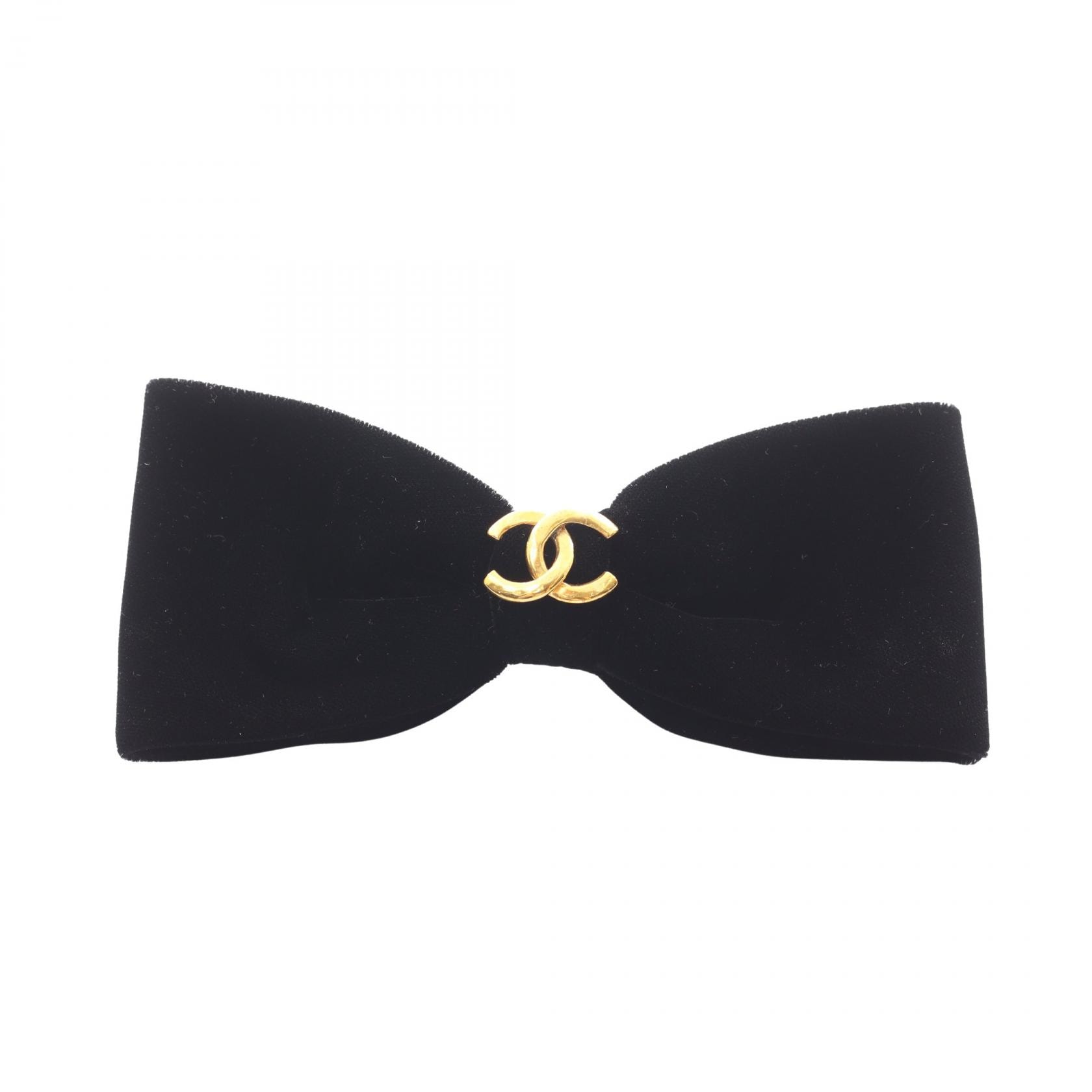 シャネル CHANEL ココマーク リボン バレッタ アクセサリー GP(ゴールドメッキ) ベロア レディース ブラック系 / ゴールド系 【中古】