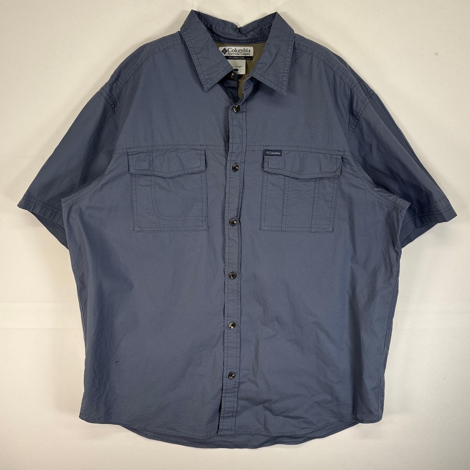 古着 コロンビア Columbia 半袖シャツ アウトドア ワンポイント ロゴ フラップポケ L ネイビー系 無地 メンズ