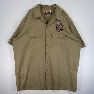 古着 ディッキーズ Dickies 半袖シャツ ワーク 作業フラップポケ 大きいサイズ 刺繍 ワッペン 2XL ベージュ メンズ